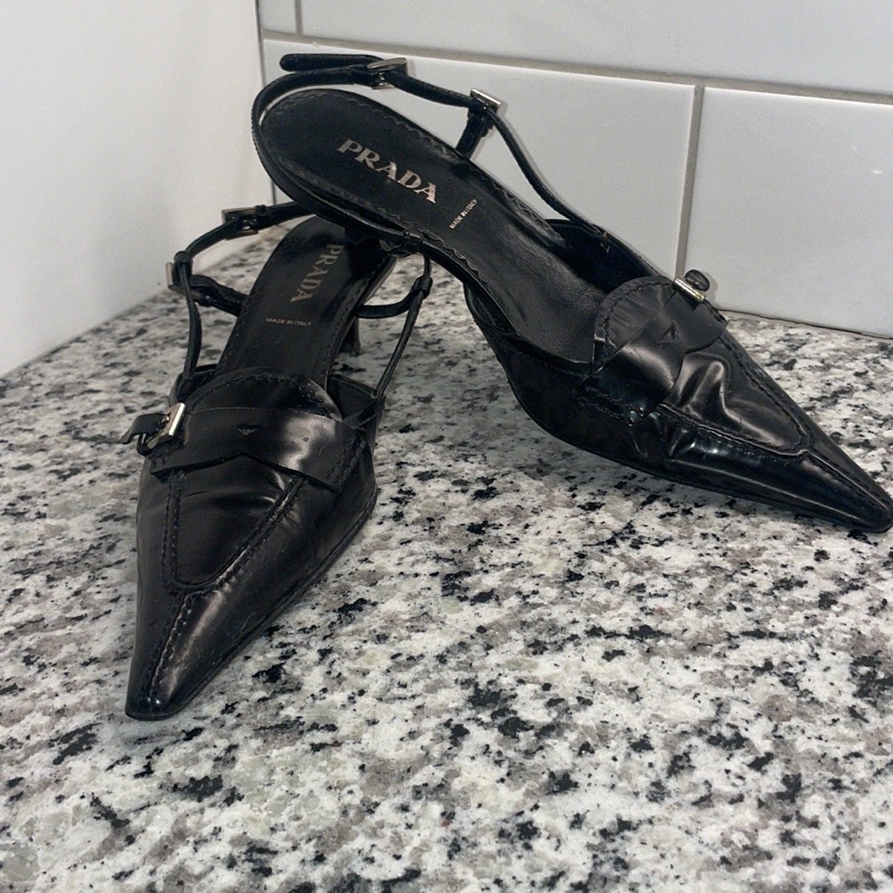 Vintage Prada size 7 (37) black, pointed toed mule heel. Mint condition.
